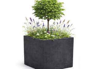 Jardinieră din beton grafit antracit, formă pătrată cubică, finisaj mat, 47.5 x 45 cm, pentru exterior