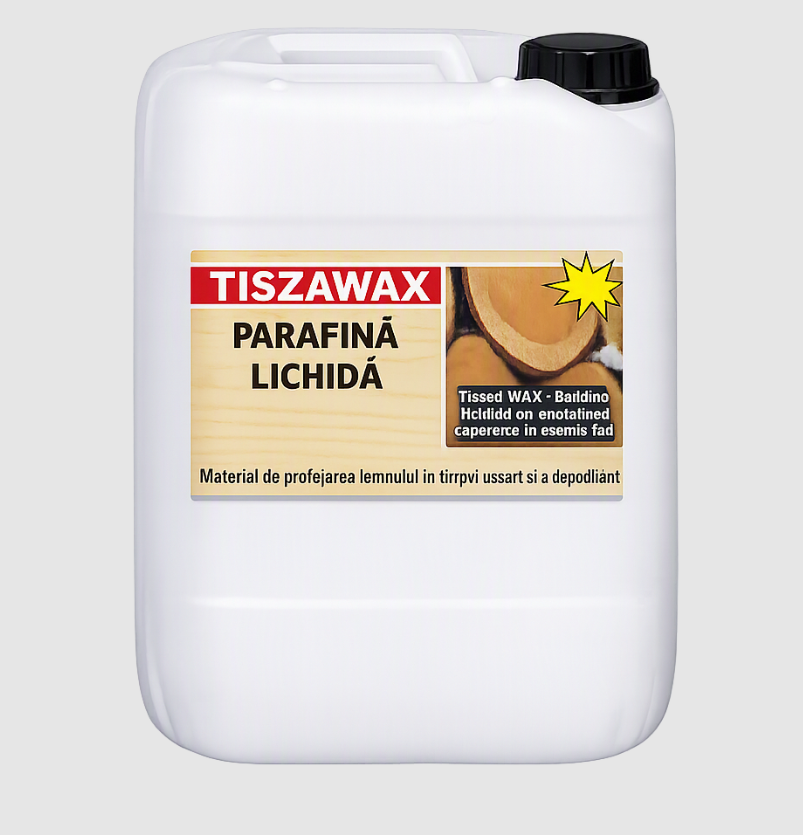 TISZAWAX Parafină Lichidă este o emulsie (dispersie apoasă) de parafină cu aspect lăptos, utilizată ca material profesional pentru protejarea lemnului în timpul uscării, depozitării sau transportului
